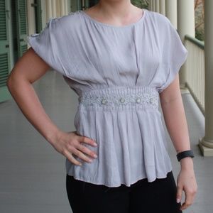 BLACK Gray Boatneck Cinch Waist Top with Beading
